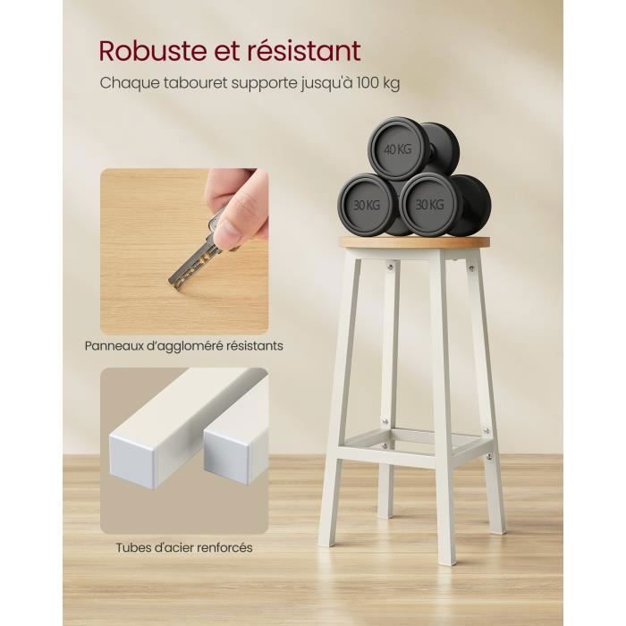 Tabouret de Bar - VASAGLE - Lot de 4 - Beige Chêne - Blanc - Siège Haut - Cadre en Métal