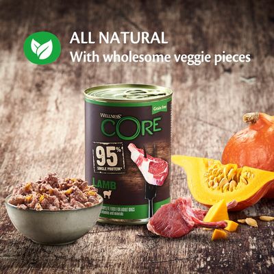 Nourriture humide pour chiens adultes Wellness Core à 95 % de protéines uniques, agneau et citrouille