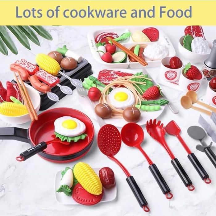 Accessoire Cuisine Enfant,Jouet de Jeu de Rôle de Chef pour Enfants,Avec Casseroles et Poêles,Aliment Jouet（81pcs）