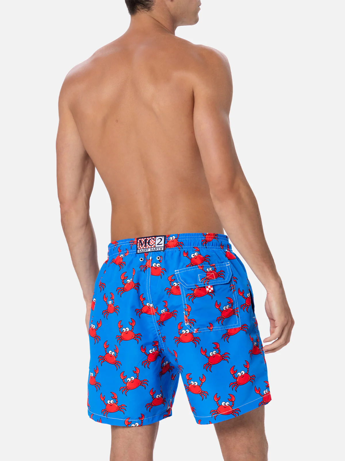 Heren Gustavia Mid-Length zwembroek met rode krabbenprint | Blauw & wit | Elastisch en verstelbaar | Zak met klittenbandsluiting aan de achterkant | MC2 Saint Barth