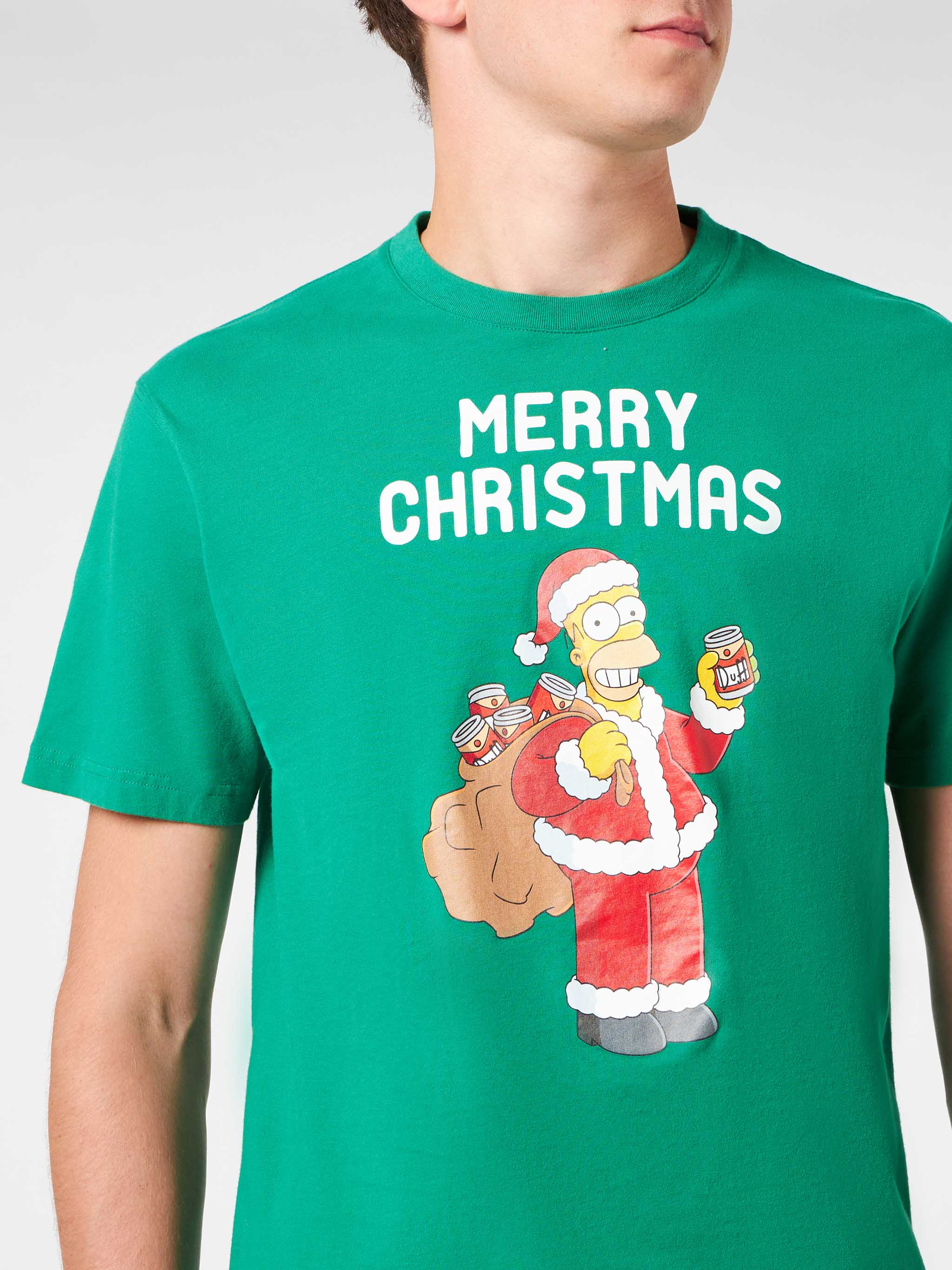 Heren T-shirt van zwaar katoen met Homer Simpson Merry Chris-print.