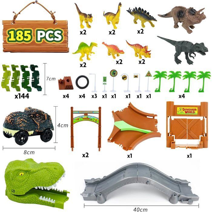 Kinder-Autorennbahn – BLEOSAN – Dinosaurier-Autorennbahn für Kinder – 144 Teile – 14 Dinosaurier – LED-Autos