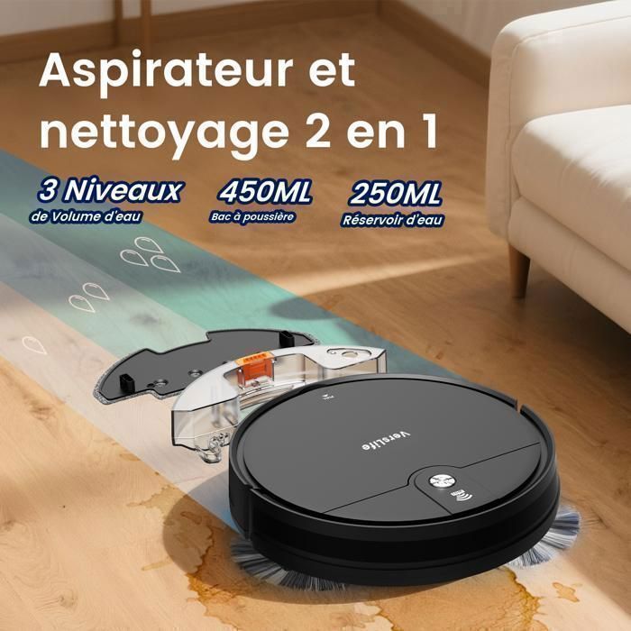 VersLife L6 - Aspirateur Robot Laveur 2 en 1, 4000Pa/120Min- 5Modes - WiFi/App&Vocal, Charge-auto, Poils d’Animaux et Tapis