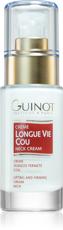 Guinot Longue Vie gladmakende en verstevigende crème die de huidtint van de hals en het decolleté egaliseert.
