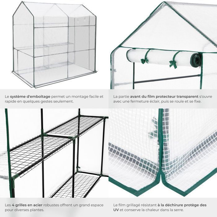 Invernadero de jardín - TECTAKE - ANDREA Invernadero exterior flexible con estructura de acero, capacidad de 3,6 m³, con 4 estantes, 186 x 120 x 190 cm - Blanco
