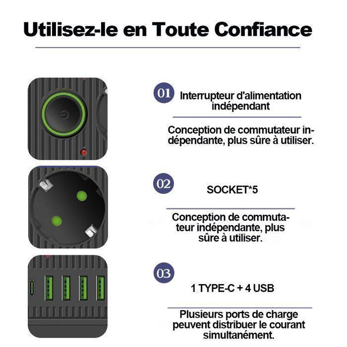 Multiprise Électrique 2500W, BYONDSELF®, Prise Électrique avec 5 Interrupteur Individuel, 5 Prises, 4 USB, 1 Type-C, Câble de 2m