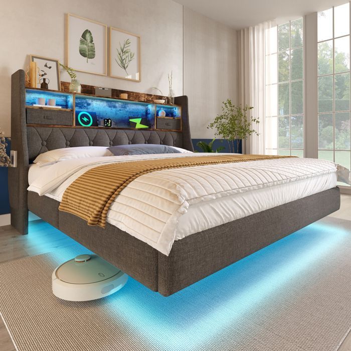 Cama doble de 180x200 cm con iluminación LED y puertos USB, estructura de cama para adultos con cabecero de lino, cama doble moderna, gris.