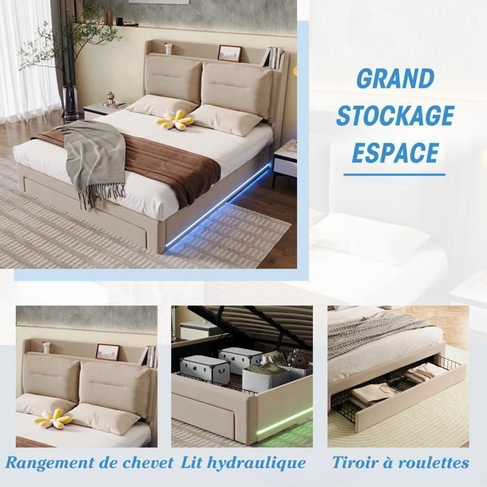 Cama con almacenamiento - TKOPY - Cama doble para adultos de 180x200 cm con iluminación LED y 2 cabeceros - Cama tapizada con cajones y espacio de almacenamiento - Terciopelo beige