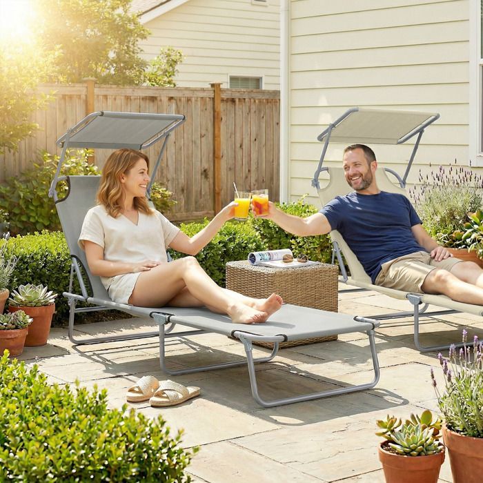 Lettino prendisole - Outsunny - pieghevole - schienale reclinabile in più posizioni - parasole regolabile - 187 x 58 x 36 cm - grigio chiaro