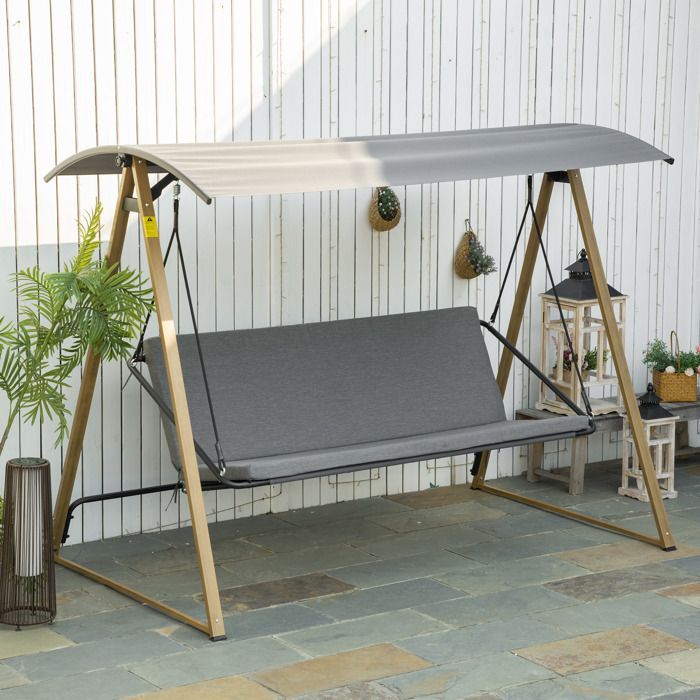 Columpio de jardín Outsunny - 3 plazas, acero, estilo contemporáneo con toldo ajustable - metal - 224x133x173cm - gris
