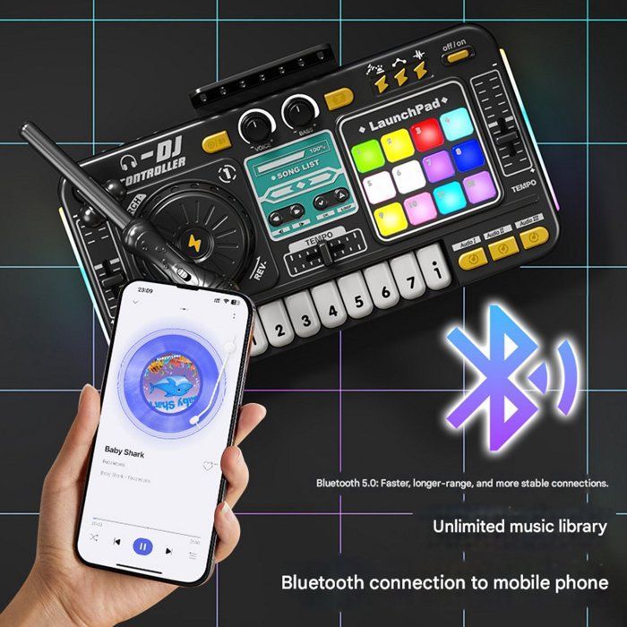 Tocadiscos Bluetooth para niños, juguete navideño, instrumento musical para tocar y simulador para principiantes con micrófono.