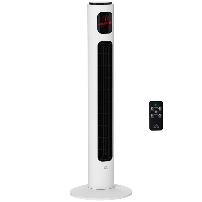 Ventilador de torre HOMCOM - Silencioso, 3 modos, 3 velocidades, mando a distancia, LED - 96 cm - Blanco