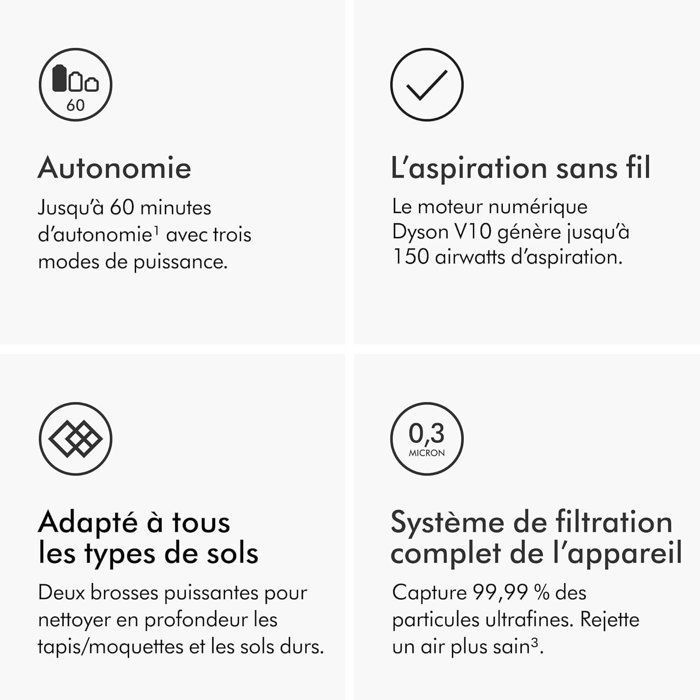 Dyson V10 Origin - Aspirateur Balai Sans fil - 125000 t/min - Puissance d'aspiration 150 AW - Autonomie jusqu'à 60 minutes