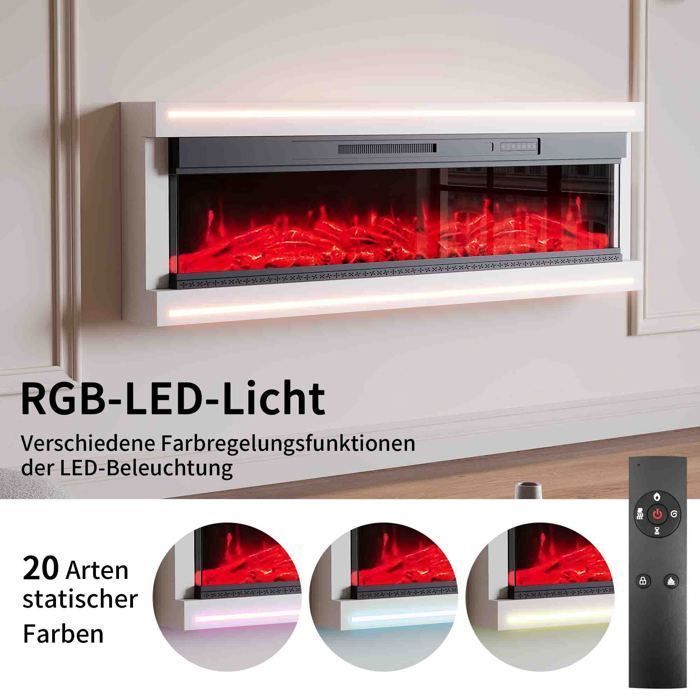 Cheminée Électrique Murale - AMBIANCE - 127 cm - 12 Couleurs de Flammes & LED d'Ambiance - Chauffage 750W/1500W avec Télécommande