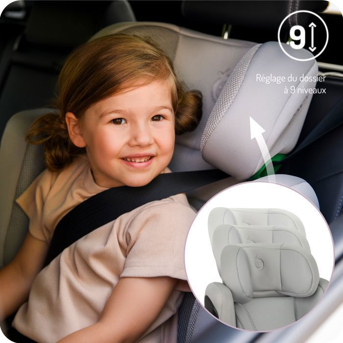 MoMi MEI - Siège auto I-SIZE 100-150 cm - Groupe 2/3 - ISOFIX - Dossier réglable 9 positions - Jusqu’à 36 kg - Gris