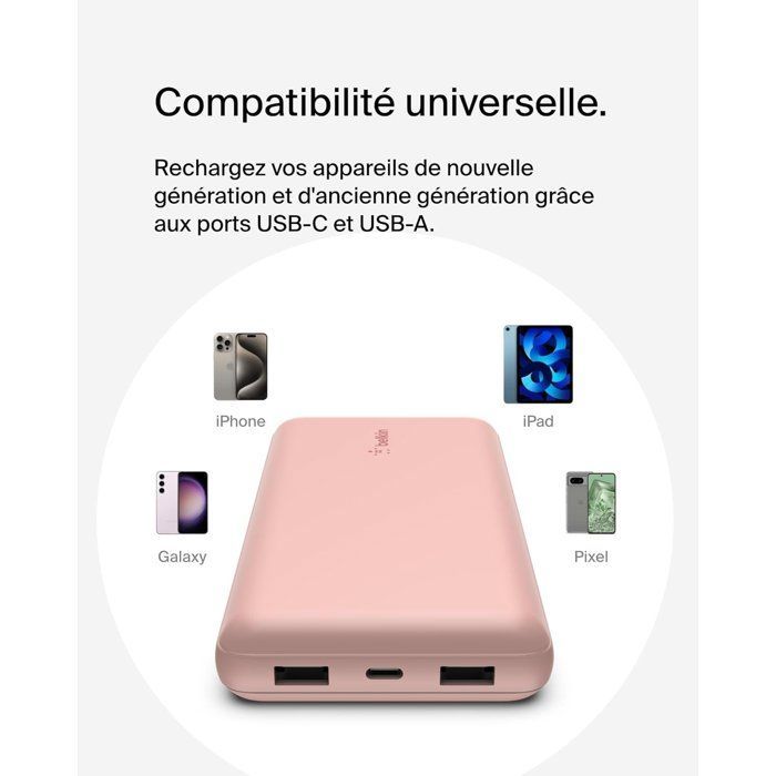 Batería externa - BELKIN - 20.000 mAh - USB-A y USB-C - 15 W - Rosa