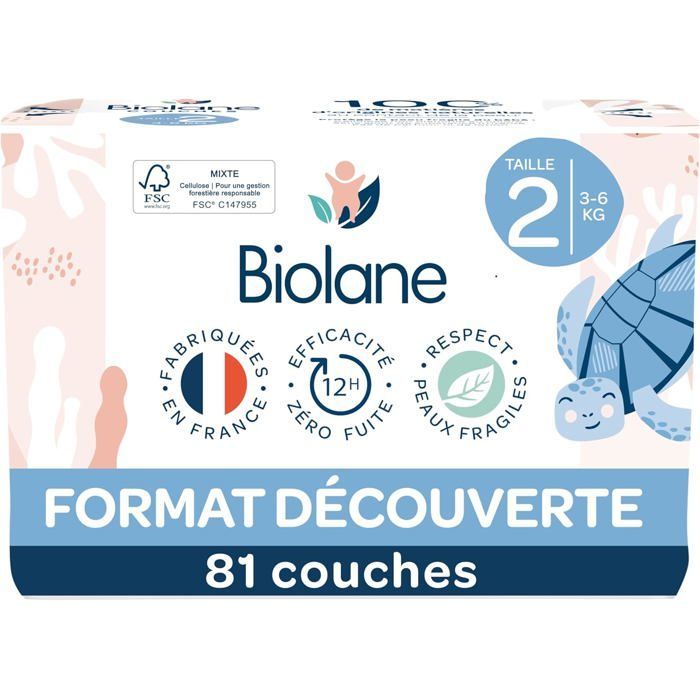 BIOLANE - Couches bébé taille 2 (3-6kg) - Peaux Sensibles - Demi pack 81 couches