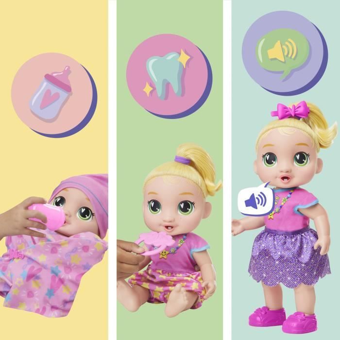 Baby Alive Baby Grows Up LaLa GooGoo, interactieve poppenset met meer dan 75 geluiden en zinnetjes, geschikt voor kinderen vanaf 3 jaar.