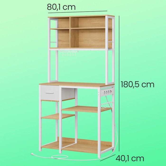 Kitchen trolley - VASAGLE - Kitchen shelf with power strip - 40 x 80 x 180.4 cm, Gold Oak and Cloud White