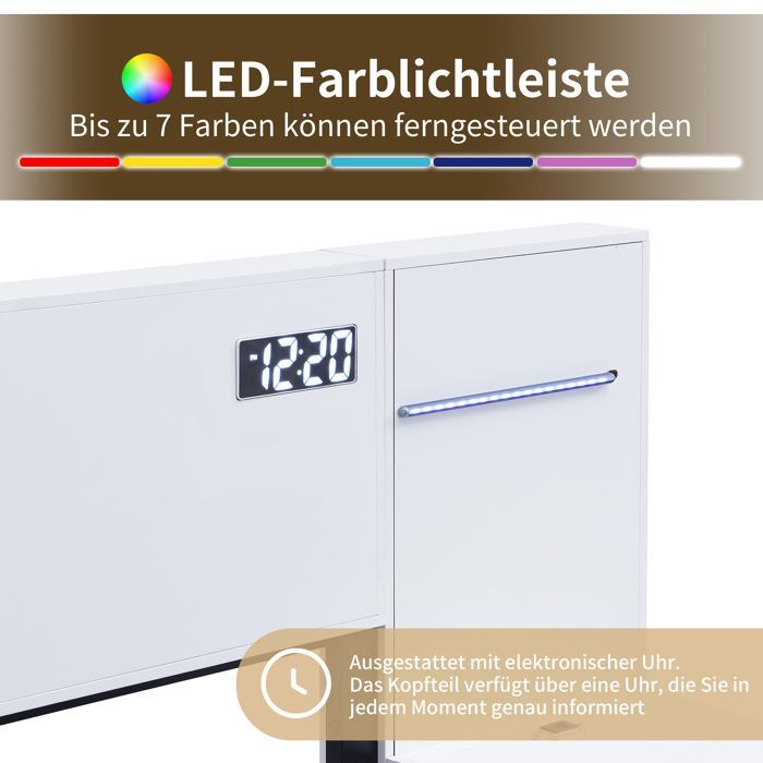 Cama doble de 180x200 cm - Cama para adultos con reloj electrónico y puerto USB, tira de LED, colchón no incluido, MDF, blanca
