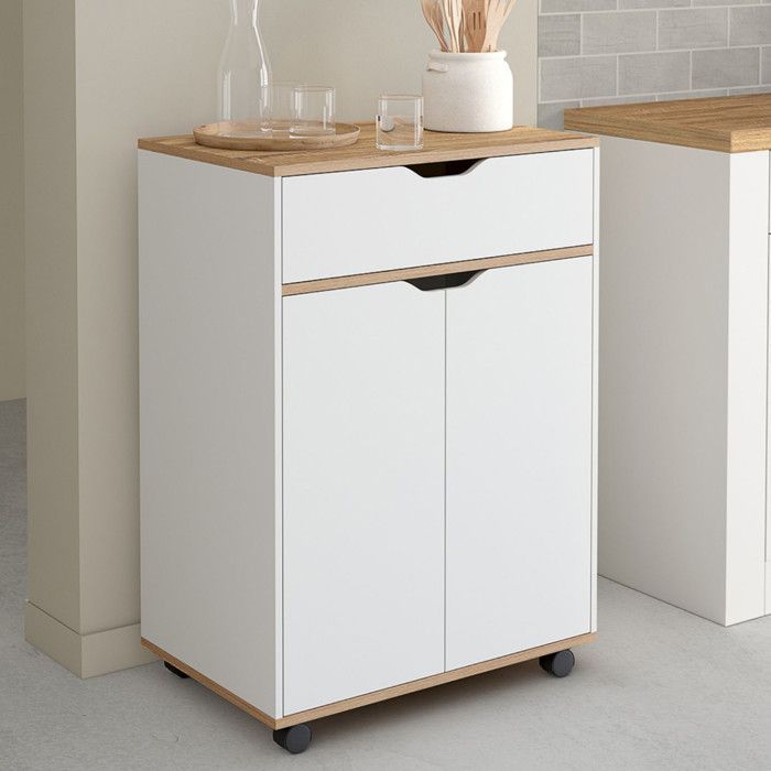 Carrito de cocina IDMARKET COSY con armario, cajón de madera blanca y estantes con efecto haya, 60 cm de ancho.