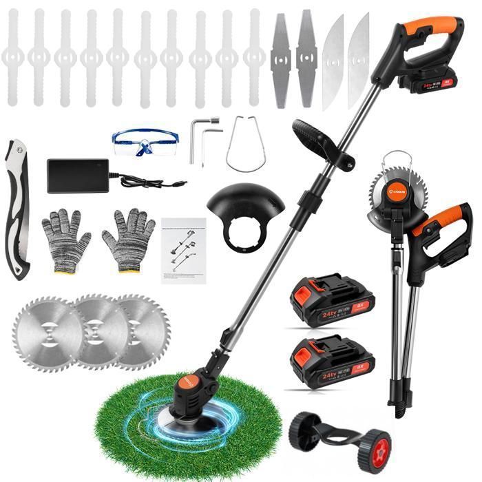 Desbrozadora inalámbrica POWTOOLS, de 21 V, con 2 baterías, 5 tipos de cuchillas, ruedas ajustables y mástil plegable.