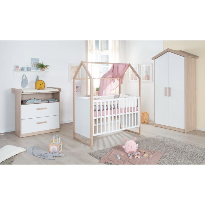 Conjunto completo de dormitorio infantil: cuna de 60 x 120 cm + cambiador convertible + armario - CABANE - ROBA - Roble / Blanco
