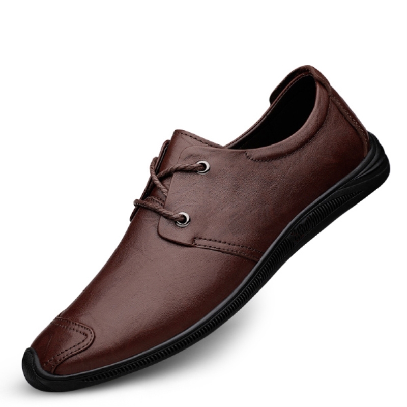 Sapatos masculinos de luxo em couro genuíno, bico fino, cor marrom, ideais para negócios e escritório. Com sola macia e plana, possuem cadarço e são perfeitos para uso casual.
