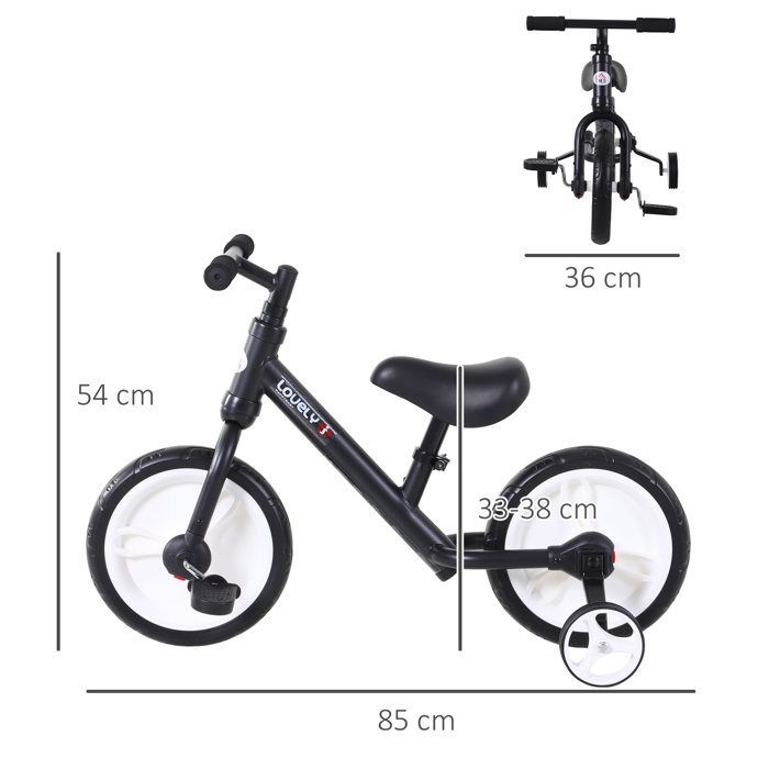 2-in-1 balance bike for children - HOMCOM - removable training wheels and pedals - adjustable seat height - for children 2-5 years old - black steel