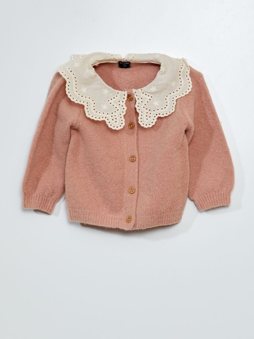 Cárdigan con cuello y bordado de punto inglés - rosa