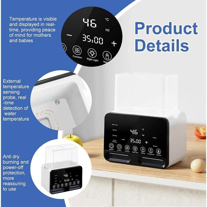Stérilisateur de biberons, 200 watts, affichage LED, chauffage et maintien au chaud, fonction minuterie, matériaux sûrs, blanc