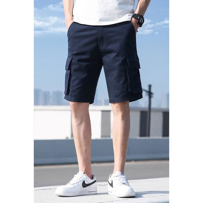 Men's Cotton Cargo Bermuda Shorts, Straight Cut, Standard Waist, Multi-Pocket, No Belt - Blue