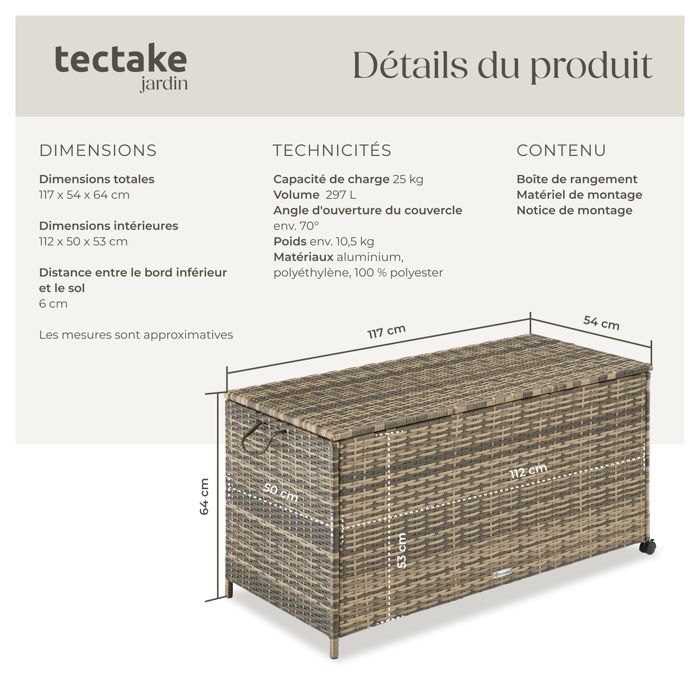 TECTAKE - Boîte de rangement Kuusamo, aluminium et roulettes - Nature foncé/gris - Extérieur, grand espace - 117x54x64cm