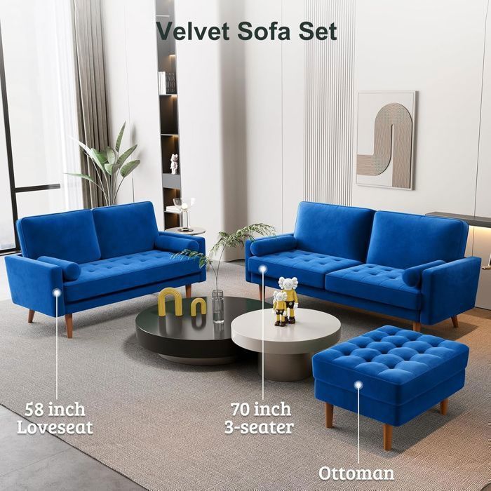 Canapé 2 Places en Velours Bleu 148 x 78 x 85 cm,Canapé Scandinave avec 2 coussins pour le salon,Fauteuil Capitonné,Pieds en bois