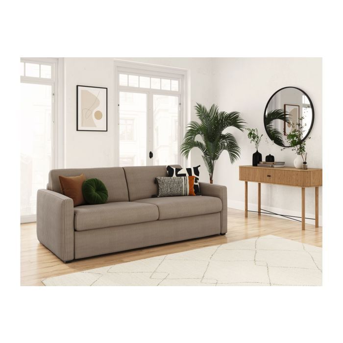 Canapé convertible express 3 places AGATHE 140x190cm en velours côtelé - Taupe - Matelas 13cm - L178 x P96 x H88cm - LOUNGITUDE