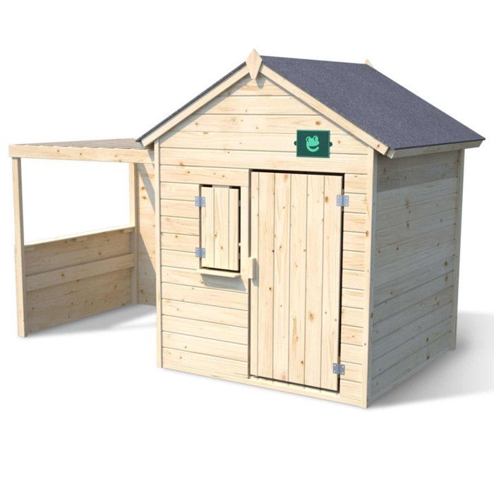 Casita de juegos infantil de madera sin tratar - JARDIPOLYS - Casita de juegos Alpaca - Con pérgola - Dimensiones 245 x 128 x 162 cm