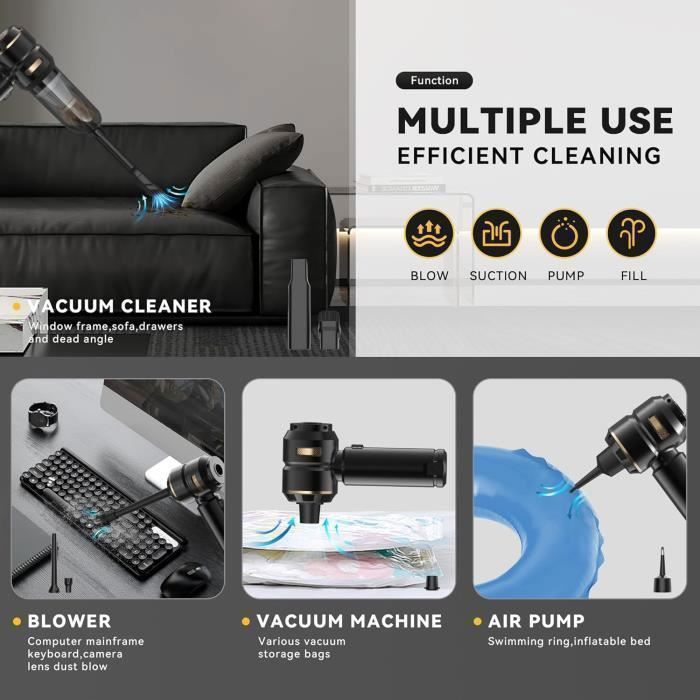Aspirateur a Main 120w avec Hepa Filtre - Aspirateur Voiture Puissant sans Fil - HYKJSIDE - 16000Pa - Affichage Led - 6000mAh Noir