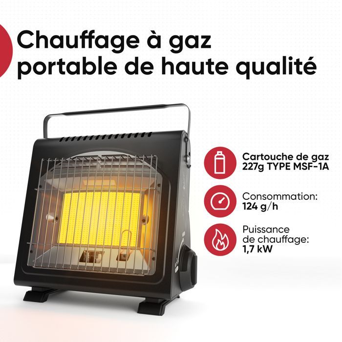 Aquecedor a gás portátil EVOCAMP de 1,7 kW com revestimento cerâmico, detector de desmoldagem de ozônio, para uso interno e externo, ideal para barracas e acampamentos móveis no inverno.