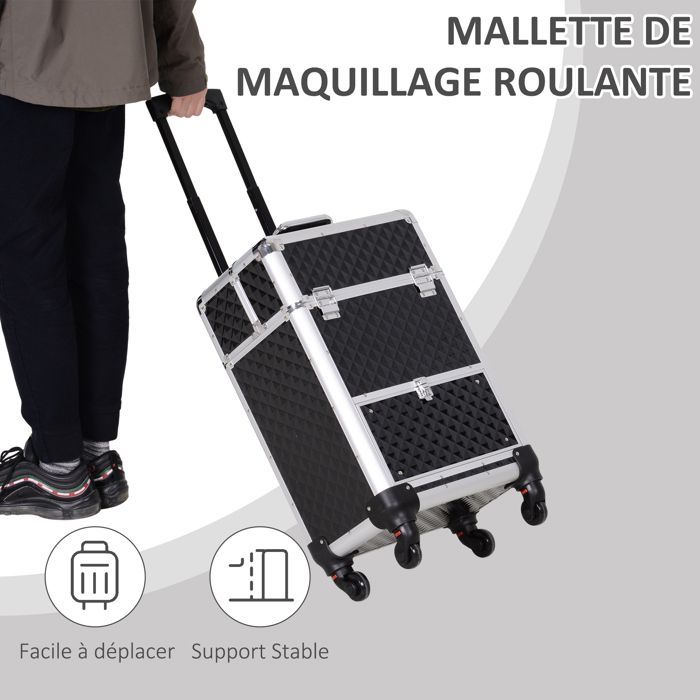 Valise trolley maquillage - HOMCOM - mallette cosmétique vanity poignée télescopique réglable - aluminium - 34x25x62cm - noir