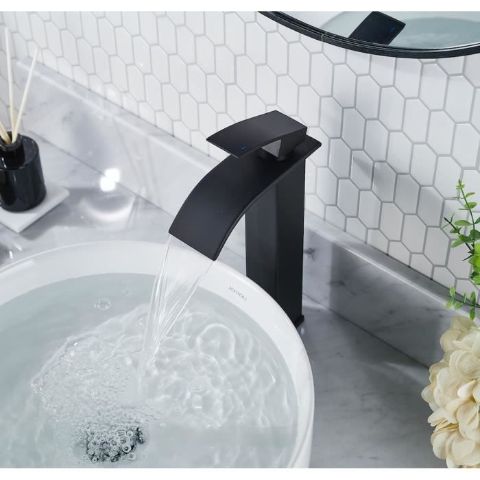 FORIOUS Mitigeur de Lavabo Haut, Mitigeur Lavabo Cascade en Acier Inoxydable, Monocommande, Eau Chaude/Froide, Colonne carrée, Noir