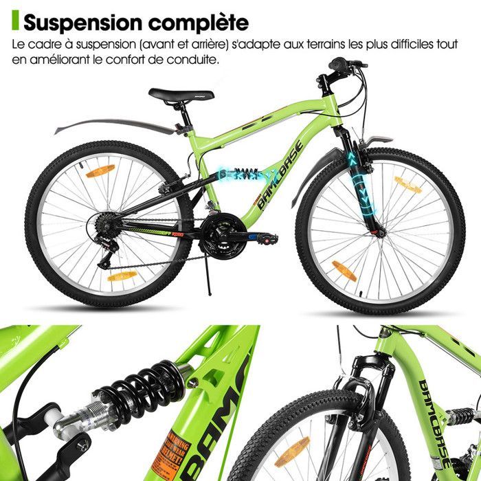 VTT HILAND BAMCBASE - 26 Pouces Double Suspension-Vélo Tout Terrain 18 Vitesses avec Freins sur Jante Avant et Arrière,Unisexe, Vert