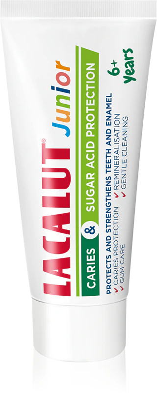 Pasta de dentes Lacalut Junior com proteção contra acidez do açúcar para crianças.