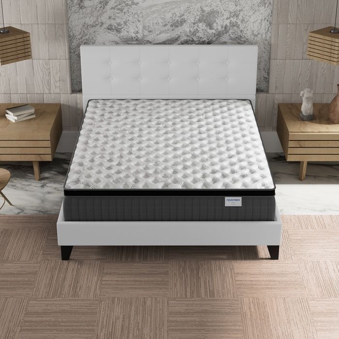 Colchón y cama (140x190cm) - Elekctra 30cm con muelles ensacados y espuma viscoelástica + base de láminas y cabecero tapizados en blanco.