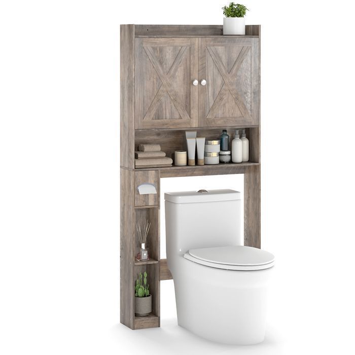 Armario para inodoro COSTWAY con 2 puertas, estante ajustable y portarrollos de papel higiénico para baño, color gris.
