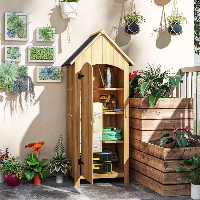 Outsunny - Armario para caseta de jardín - Madera de abeto - 77,5 x 54,2 x 179,5 cm - Madera natural