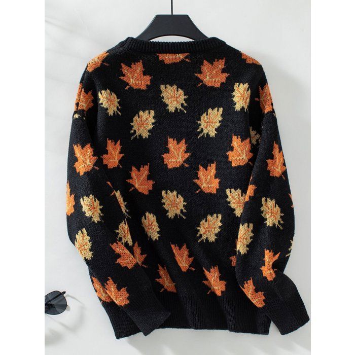 Pull Femme – Feuilles d’Érable Jacquard – Automne Hiver – Col Rond – Manches Longues-Noir