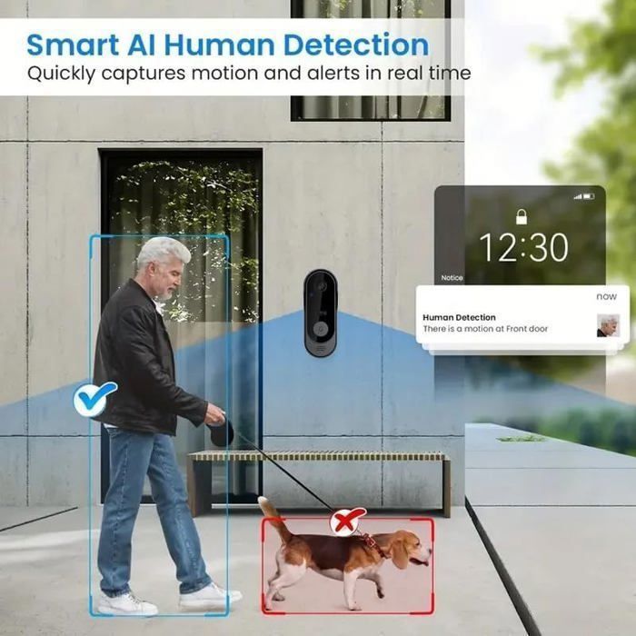 Sonnette sans Fil avec Camera,WiFi Sonnette Exterieur Etanche,Détection Humaine PIR,Vision Nocturne Infrarouge,Audio Bidirectionnel