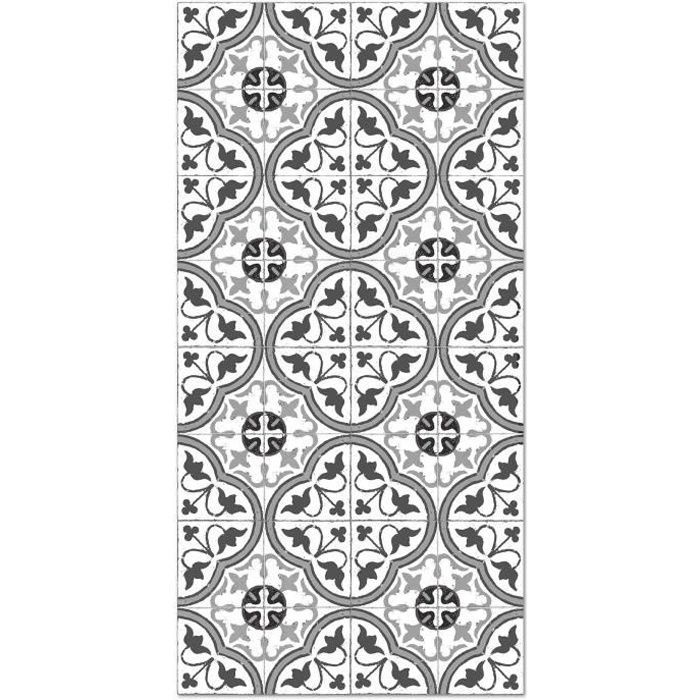 Alfombra panorámica de vinilo con estampado de baldosas de cemento y flores, gris, 40x80 cm - Alfombra de PVC para cocina, oficina y sala de estar.