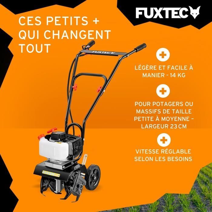 Motobineuse thermique 2 temps, FUXTEC FX-AF152 51,6 cm3 largeur23 cm profondeur 70 mm 14 kg
