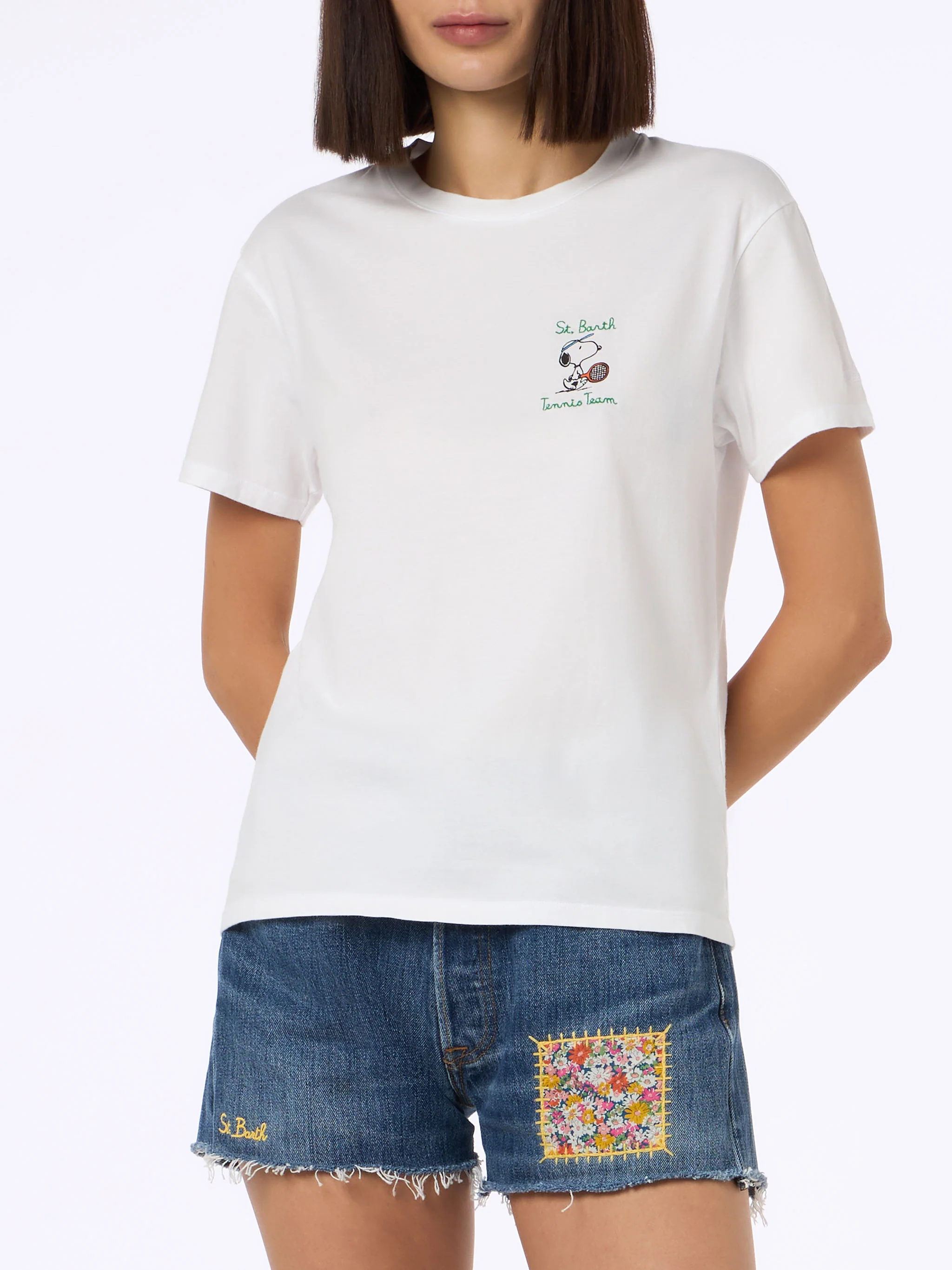 T-shirt girocollo in jersey di cotone rosa da donna Emilie con ricamo